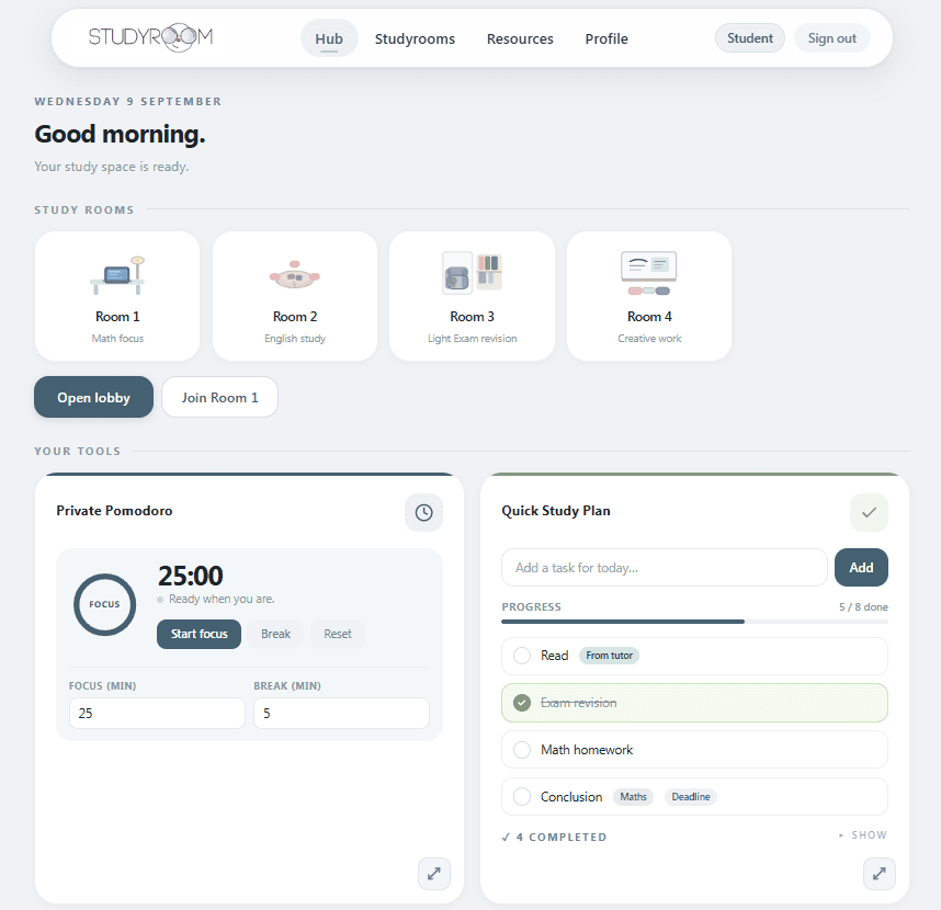Screenshot of the Studyroom Hub dashboard, showing study rooms, a private focus timer and a daily study plan checklist