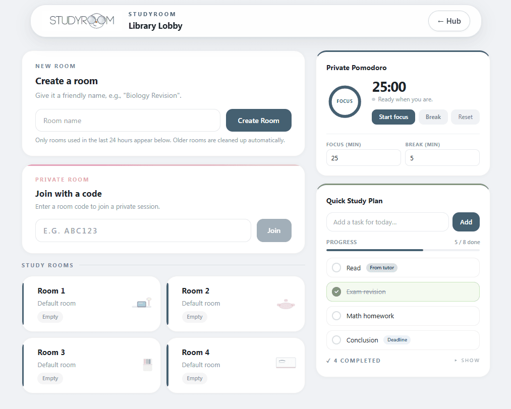 Screenshot of the Studyroom focus spaces lobby, showing available study rooms students can join or create