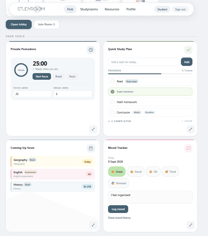 Screenshot of Studyroom Hub tools: a focus timer, a daily study plan checklist, upcoming assessment deadlines and a mood check-in